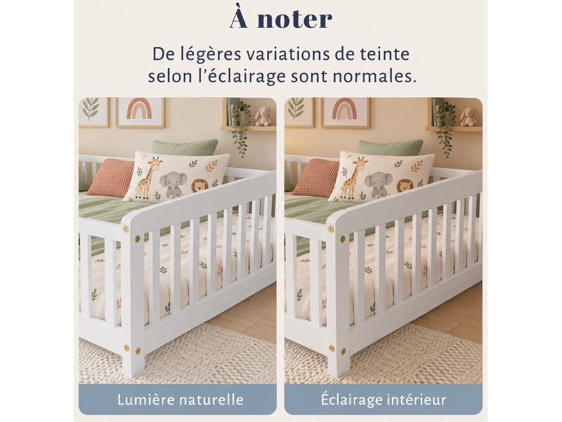  Lit enfant  140x200 cm pin blanc lit enfant au sol avec barrière de sécurité et sommier  - Conforama E