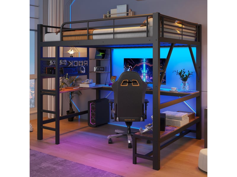  Lit mezzanine 160 x 200 cm – avec bureau -  barrières de sécurité et échelle – avec ports usb et type-c – avec éclairage led – noir (matelas non inclus)  - Conforama R