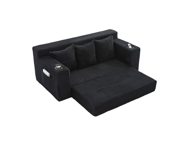 Canapé convertible 3 places 172 x 87 cm – noir – velours côtelé, porte-gobelets et poches latérales - Conforama D