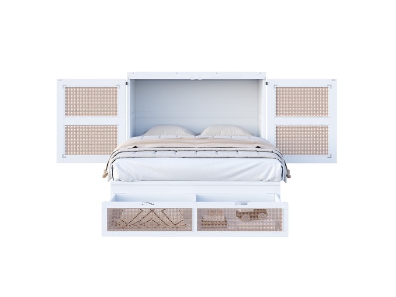  Lit escamotable vertical 140 x 200 cm blanc avec sommier à lattes et tiroirs de rangement  - Conforama A