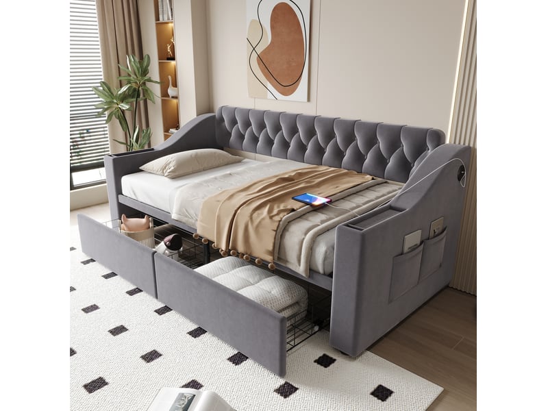  Lit enfant 90 x 190 cm tiroirs de rangement accoudoirs larges ports de charge usbtype-c velours gris foncé sans matelas  - Conforama W