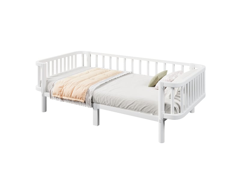  Lit simple 90 × 200 cm en acier avec sommier robuste à lattes, convertible en canapé blanc 209 × 98 × 57 cm  - Conforama A