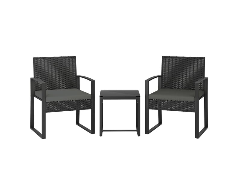  Salon de jardin 3 pièces 2 fauteuils et table basse 40x40 cm gris foncé, acier et rotin plastique  - Conforama A
