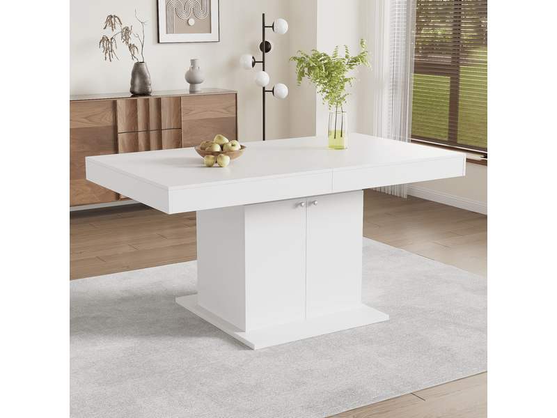  Table extensible rectangulaire 4 à 8 personnes avec rangement sous plateau pour salle à manger, 140×80×76 cm, blanche  - Conforama C