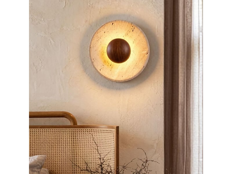 Applique murale en travertin style wabi-sabi lampe murale en travertin jaune naturel avec bois de noyer massif  - Conforama B