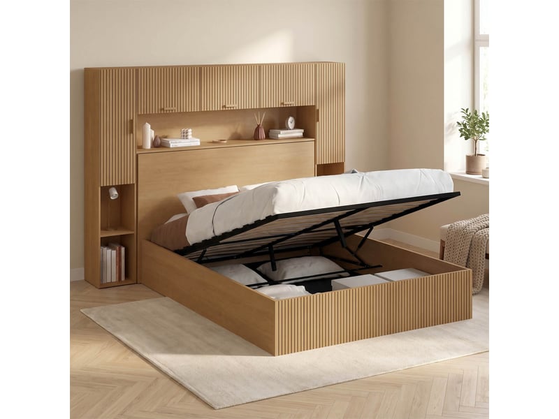  Lit pont coffre double juliette armoire avec rangements et sommier 140 x 190 cm effet lattes tasseau de bois  - Conforama B