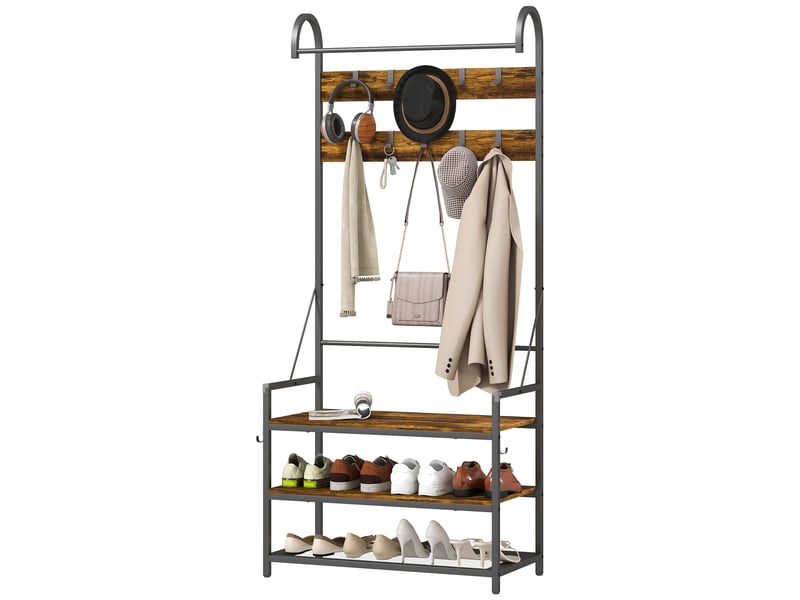  Porte-manteau d'entrée avec tringle, 10 crochets, banc et étagère à chaussures, en bois et métal, 80 x 40 x 182 cm, marron et noir  - Conforama B