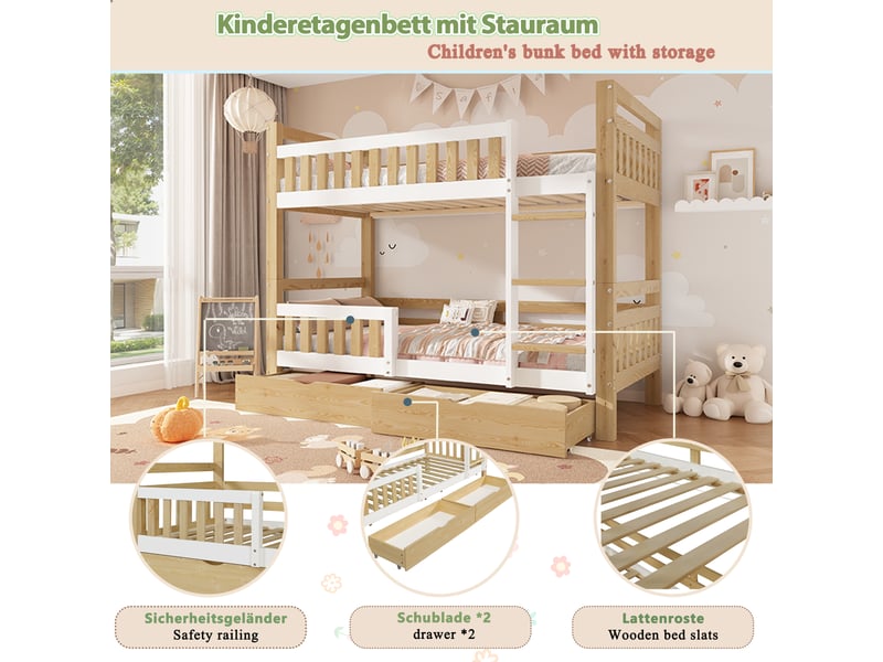 Lit superposé enfant 90x200cm séparable en 2 lits simples, échelle, garde-corps surélevé et 2 tiroirs de rangement, bois blanc et naturel evarich - Conforama D