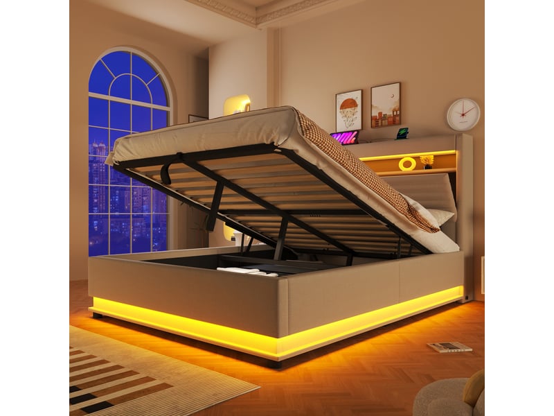 Lit coffre 140x200 cm, lit double, rangement hydraulique, led, lin beige, usb et usb-c - Conforama D