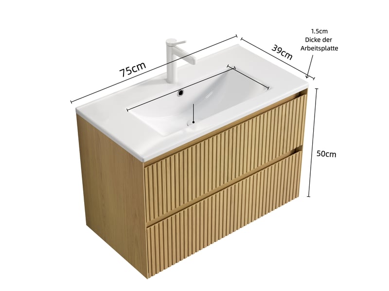  Meuble sous vasque mural avec vasque intégrée et 2 tiroirs, fermeture douce, en céramique et bois, salle de bain, chêne doré blanc  - Conforama D