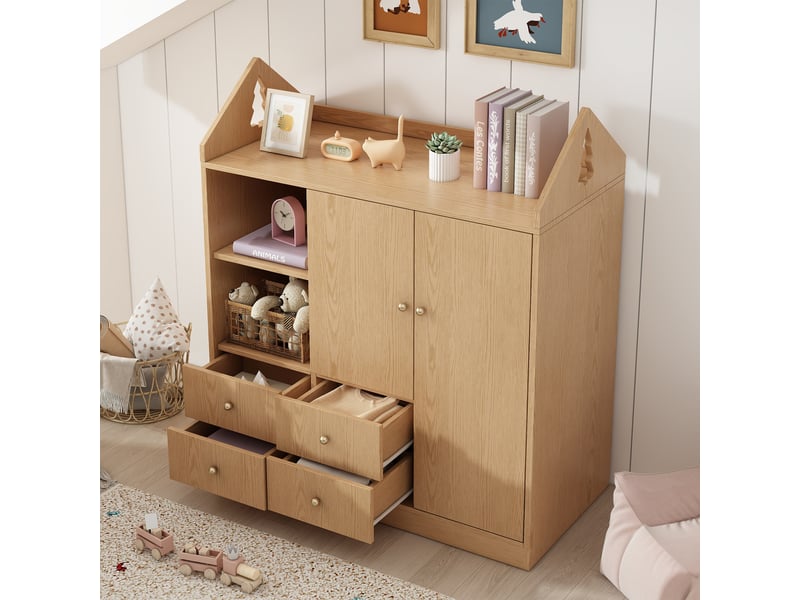Armoire enfant 100x48x131 cm design maison avec 2 portes et 4 tiroirs, garde-robe avec niche ouverte, tablette supérieure et tringle, effet chêne Seren Glow - Conforama E