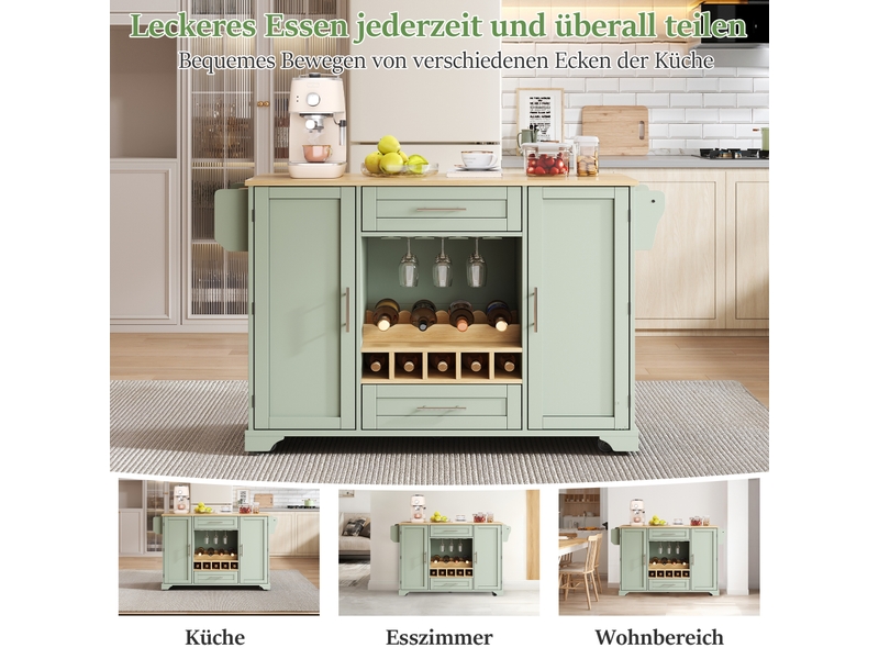  Îlot de cuisine mobile 120 × 45(70) × 92 cm vert antique, mdf, plateau rabattable, casier à vin, porte-verres et roulettes  - Conforama C