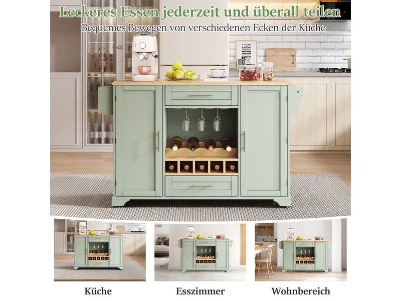  Îlot de cuisine mobile 120 × 45(70) × 92 cm vert antique, mdf, plateau rabattable, casier à vin, porte-verres et roulettes  - Conforama C