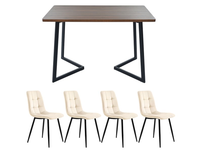 Ensemble salle à manger 5 pièces – table moderne + 4 chaises, plateau mdf noyer, pieds métal noir, velours beige - Conforama A