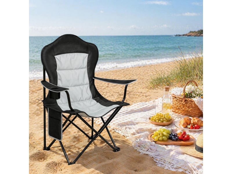  Chaise de plage pliante 84x62x110 cm avec porte-gobelet métal noir  - Conforama D