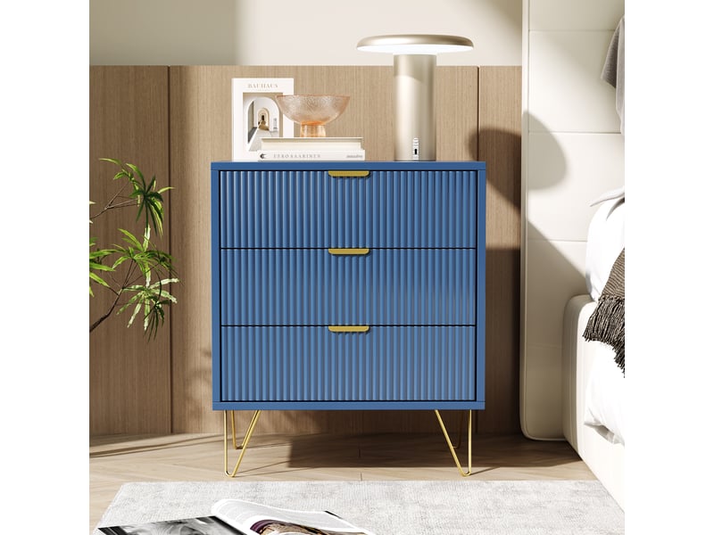 Lot de 2 table de chevet,3 tiroirs,manches et pieds en couleur doré, table de chevet,moderne, 60 x 40 x 70 cm, bleu - Conforama D