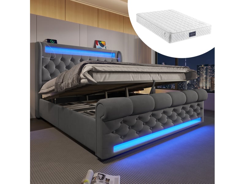 Lit double 160 x 200 cm avec rangement hydraulique, led, usb et type-c, gris, velours, matelas inclus - Conforama B