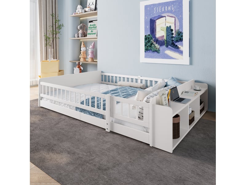  Lit enfant 140 x 200 cm avec rangement ouvert, barrière ouvrante, blanc, bois et mdf  - Conforama D