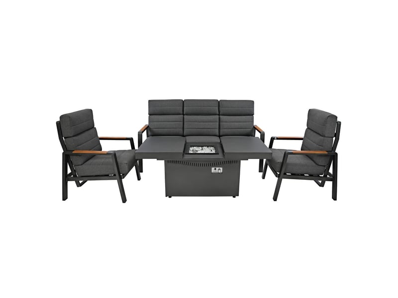  Salon de jardin en aluminium gris 5 places, 4 pièces, canapé 3 places, 2 fauteuils inclinables, brasero, coussins épais lavables, ensemble 216639 - Conforama A