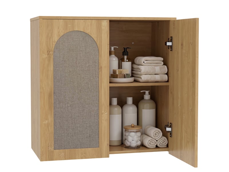  Armoire murale de salle de bain bohème avec 2 portes effet rotin à fermeture douce et étagère réglable, chêne  - Conforama A
