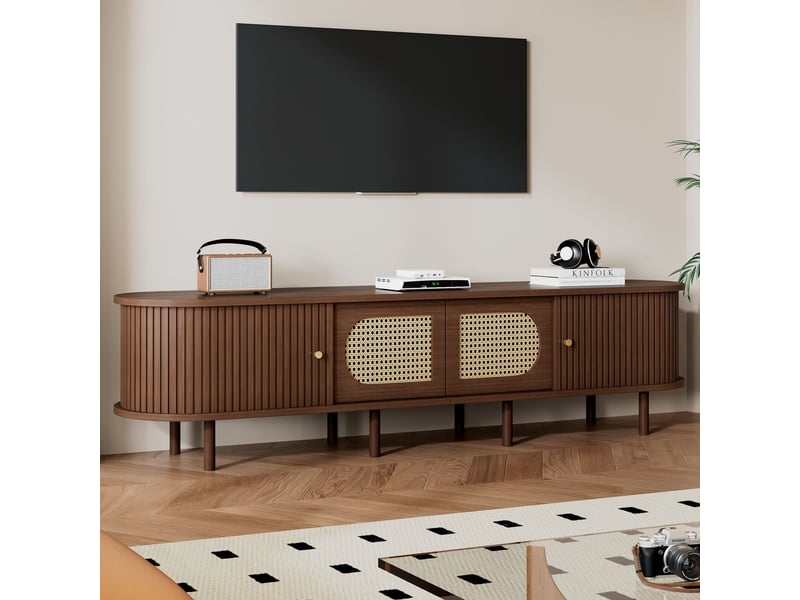 Meuble tv 180 cm noyer foncé, rotin, portes coulissantes, pour tv jusqu’à 80” PD-1 - Conforama E