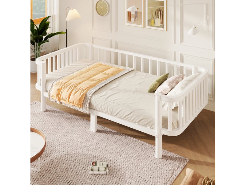  Lit banquette 1 place 90 × 200 cm, structure en acier, usage canapé et lit, sans matelas, blanc  - Conforama B