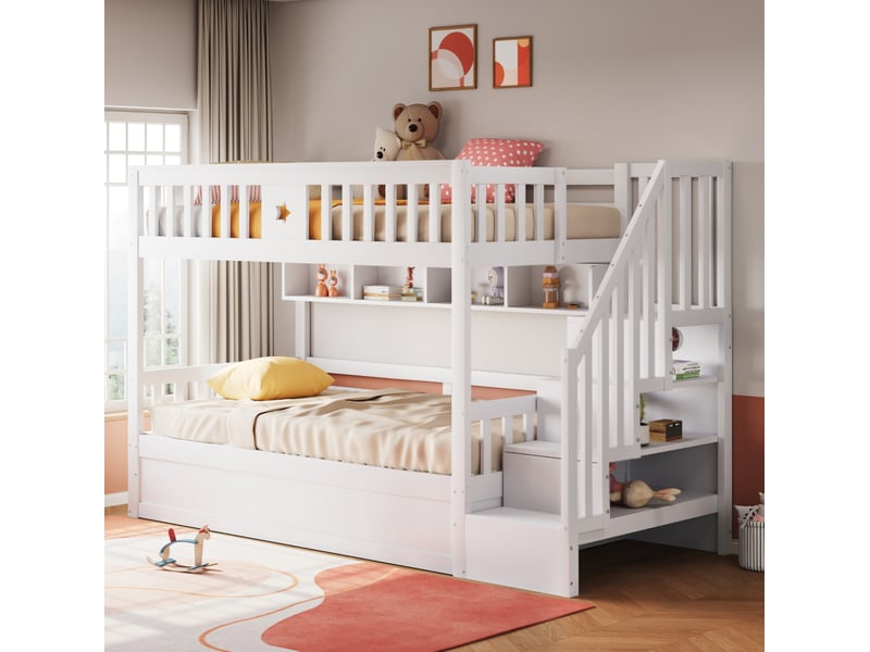  Lit superposé 90x200 cm blanc avec rangement hydraulique, étagères et escalier  - Conforama B