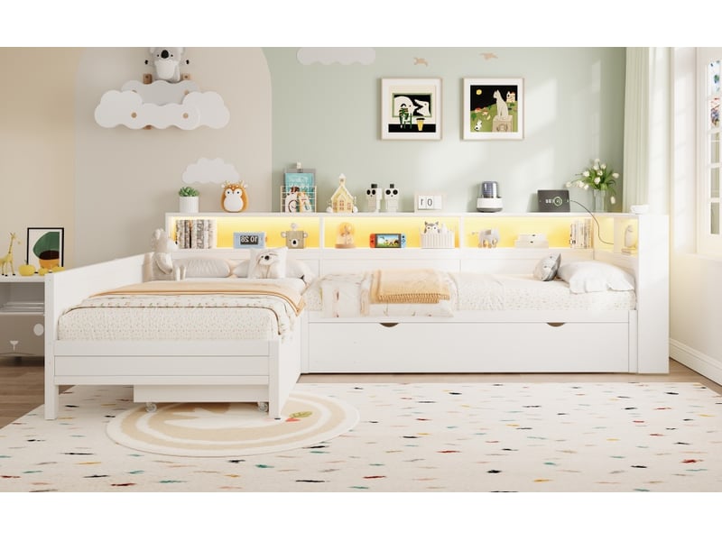  Lit plateforme en bois en l 90x200, lit enfant avec lit gigogne et tiroir, blanc, lit 1 personne  - Conforama W