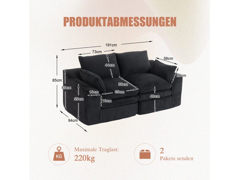  Canapé droit 2 pl 191x94x85 cm, velours côtelé noir, coussins, poches latérales, confortable et design, pour salon et bureau  - Conforama C