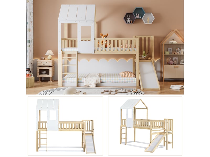  Lit superposé 90x200cm avec échelle et toboggan, maison avec toit et fenêtre, cadre en pin, naturel et blanc  - Conforama E