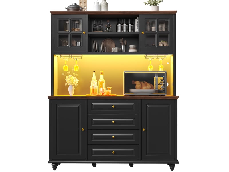  Buffet haut noir meuble de cuisine avec led rgb, 140x40x179.5cm, étagères réglables et porte-verres  - Conforama A