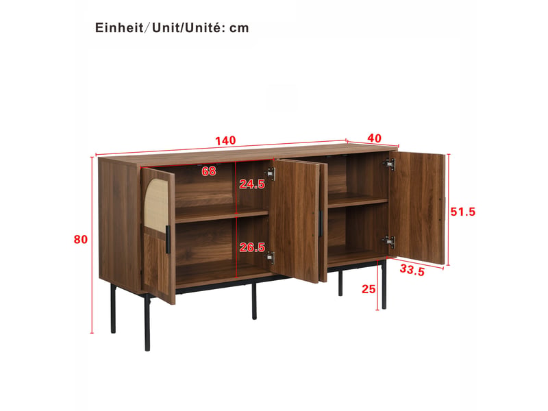  Buffet naturel, 4 portes, rangement, rotin, fermeture douce, design moderne, structure robuste - mdf - 140x40x80cm  - Conforama E