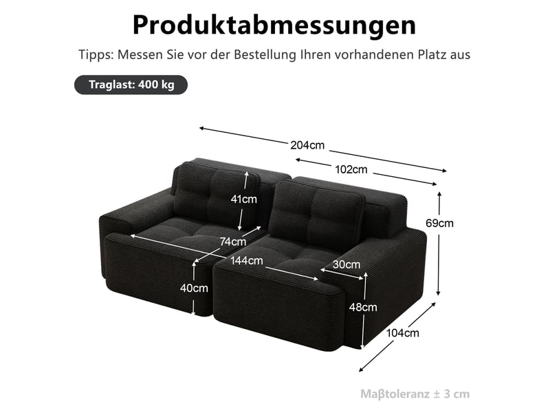  Canapé modulaire boneless, sofa moderne pour salon avec tiefsitz, confort nuage en velours côtelé, loveseat, canapé lit, noir  - Conforama E