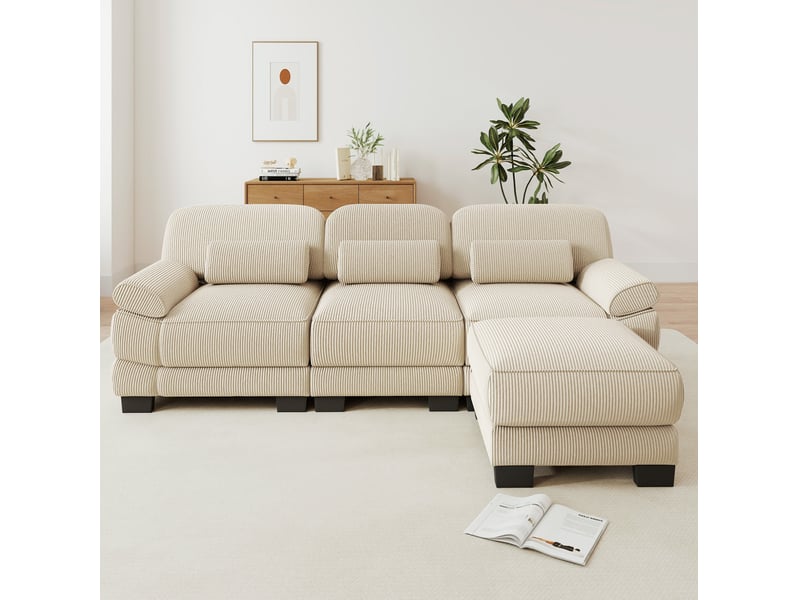  Canapé modulable tcqpz 3 places en l avec pouf 265 x 161 x 94 cm velours côtelé beige  - Conforama B