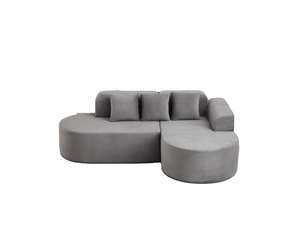 Canapé d'angle modulaire 4 places à méridienne, dossier incurvé et 3 coussins en velours côtelé gris