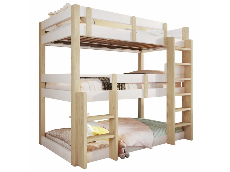 Lit superposé triple enfant 90x190 cm, cadre en pin avec barrières, deux échelles et sommiers, blanc et naturel - Conforama A