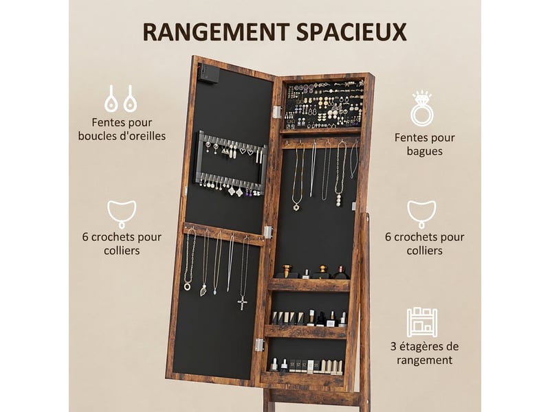  Armoire à bijoux armoire de rangement sur pieds boîte à bijoux avec miroir multi-rangements éclairage led brun rustique  - Conforama D