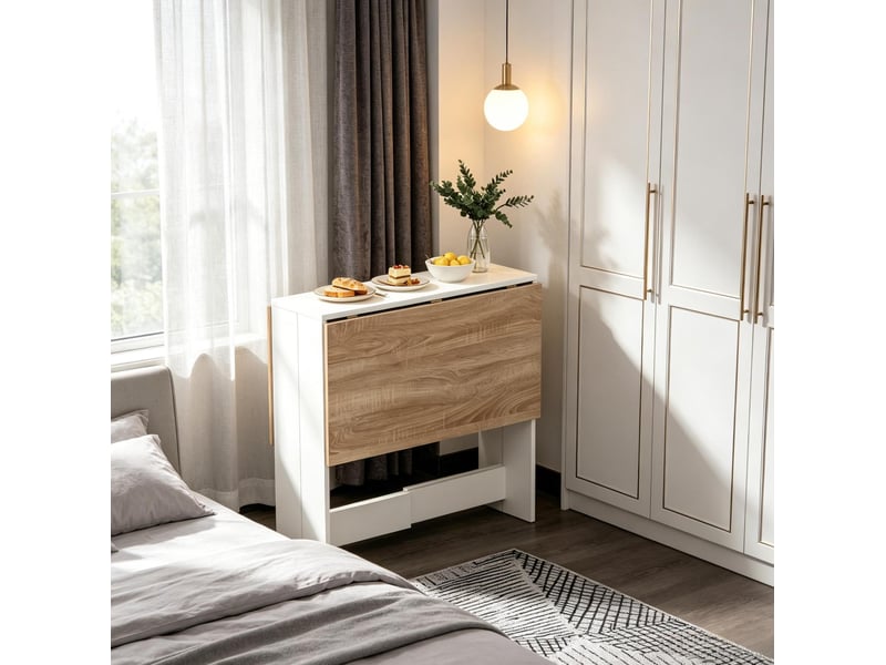  Table à manger pliable bicolore blanc et chêne clair, plateau rabattable des deux côtés  - Conforama D