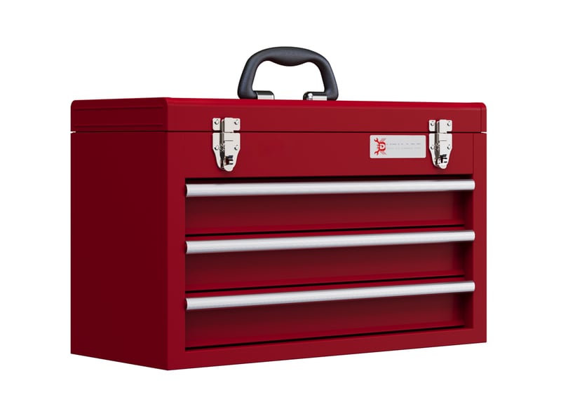  Coffre à outils vide 51 x 22 x 32 cm rouge en acier, 3 tiroirs et rangement supérieur verrouillable  - Conforama A