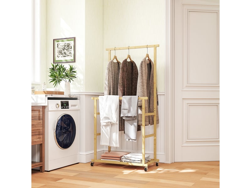  Portant à vêtements en bambou avec 2 barres, étagère inférieure et 4 roulettes, 80 x 40 x 160 cm, bois naturel  - Conforama E