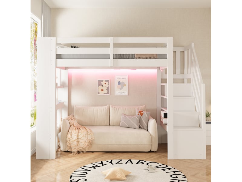  Lit mezzanine 90x200 cm, escalier de rangement, garde-corps, led, 15 lattes, bois et mdf, blanc et bois sans matelas  - Conforama C