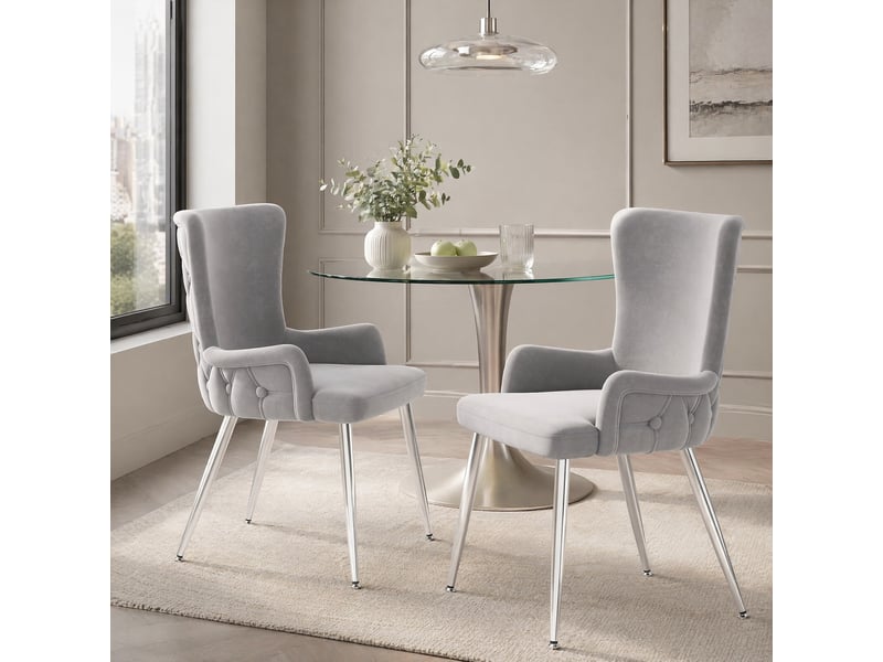  Chaise de salle à manger lot de 2 polyvalentes  - pieds métal, style moderne, velours gris argenté  - Conforama C