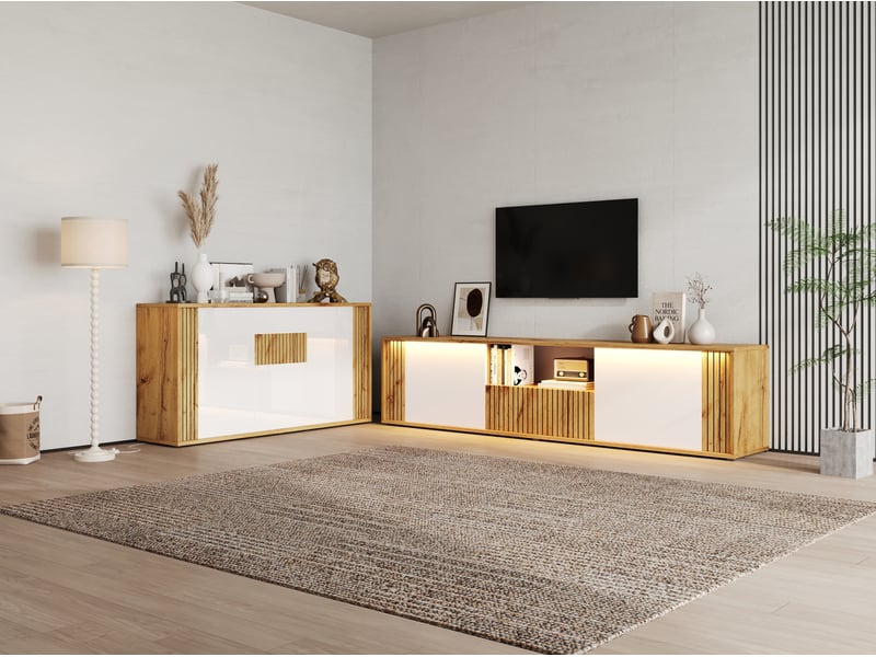  Ensemble meuble tv 180x40x51 cm et buffet 140x35x71 cm mdf blanc et bois naturel  - Conforama C