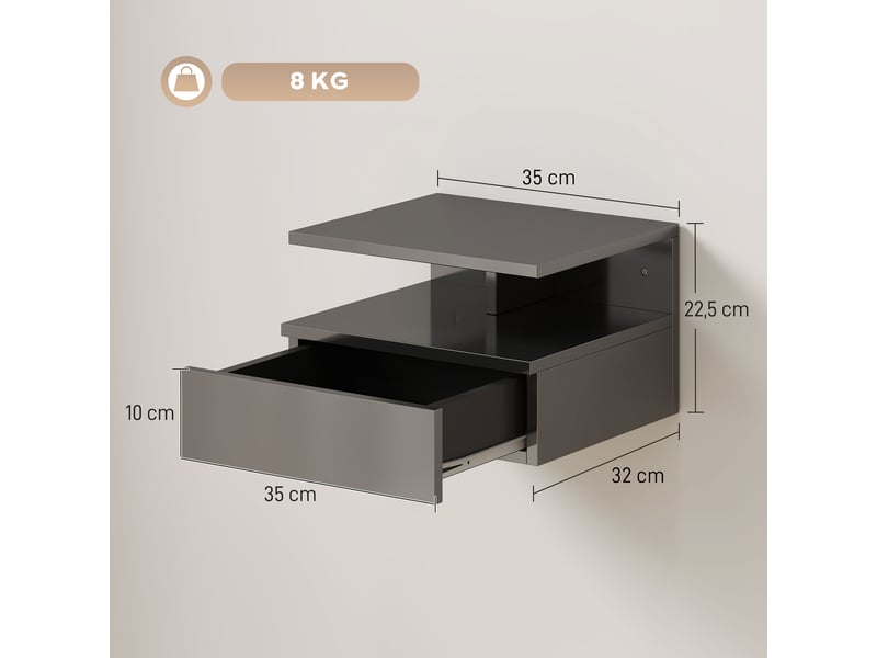  2 tables de chevet suspendues avec 1 tiroir et une étagère ouverte, design moderne, 35 x 32 x 22,5 cm, noir brillant  - Conforama E
