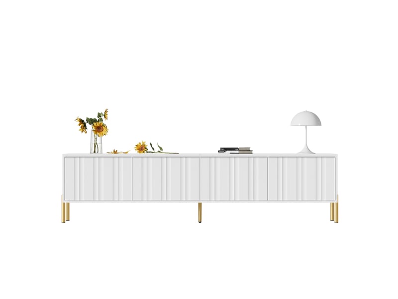  Meuble tv blanc chic moderne 190x38x48 cm - portes cannelées, pieds dorés  - Conforama A