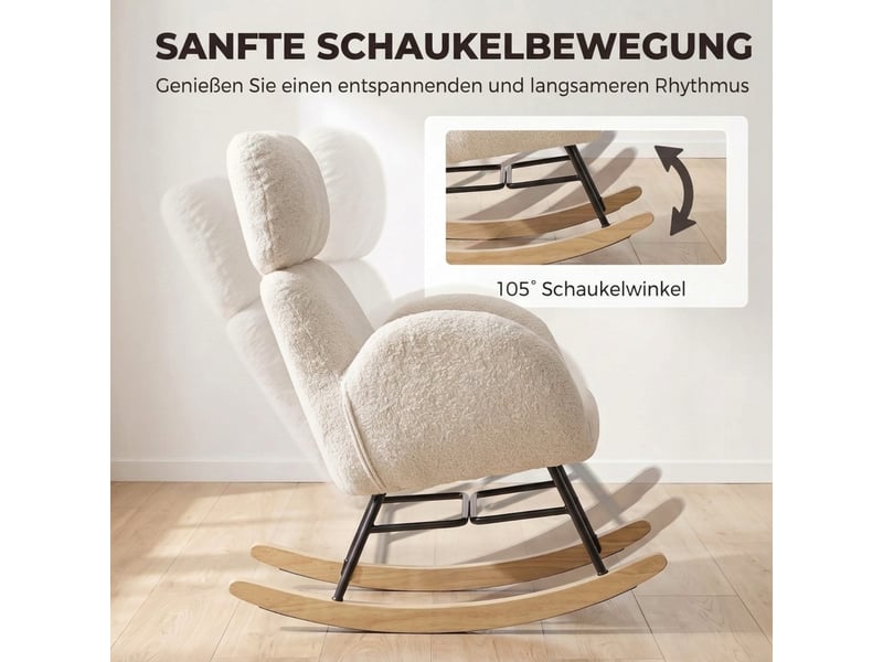  Fauteuil à bascule rembourré avec appui-tête réglable, velours à motif gouttes de pluie, structure en bois d'hévéa, blanc crème  - Conforama E