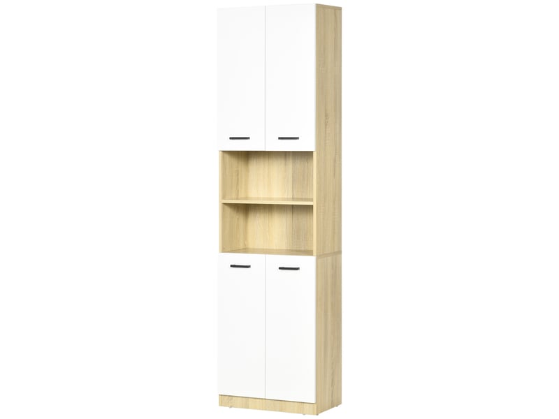  Armoire de salle de bain haute à 4 portes, 2 étagères ouvertes et étagères réglables, 53 x 33,5 x 195,7 cm, blanc et chêne  - Conforama B