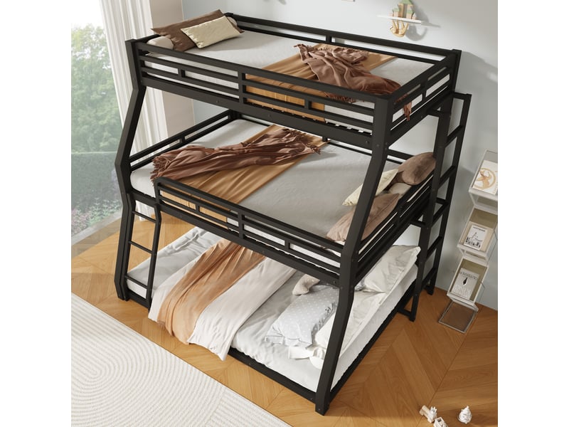 Lit superposé triple en métal 90x200 cm avec lits 120x200 et 140x200 cm, échelles sécurisées, cadre robuste pour enfants et adultes - noir - Conforama D