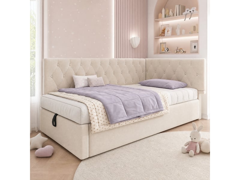  Lit banquette coffre 90 x 190 cm en velours beige sans matelas  - Conforama D