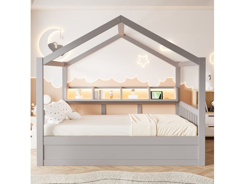  Lit cabane coffre 140x200 cm avec  éclairage et prises, gris, sans matelas  - Conforama D